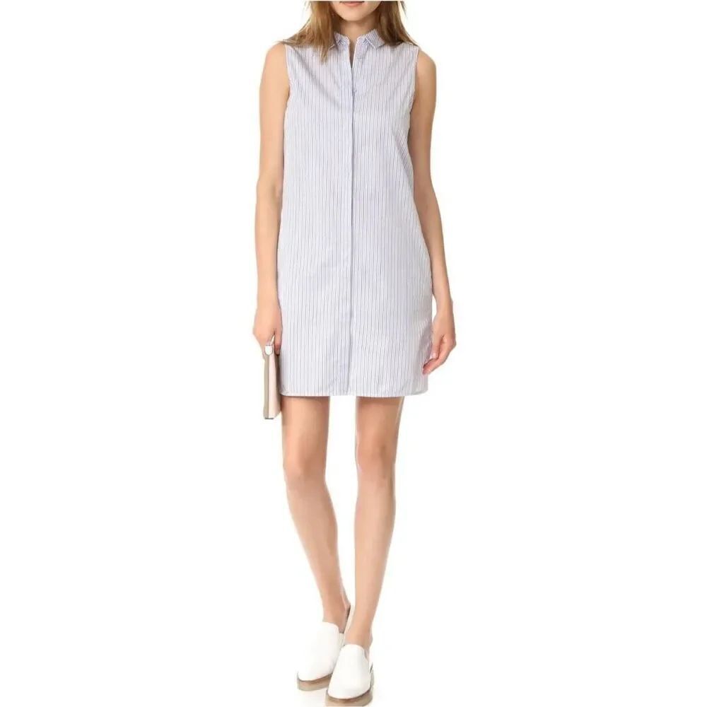 Equipment Dress Blue Sleeveless Button Up Mini Striped Cotton Janna Womens Mediu